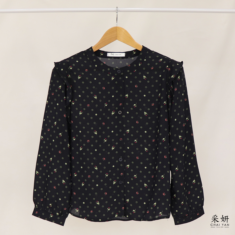 幾何花朵雪紡圓領襯衫長袖上衣