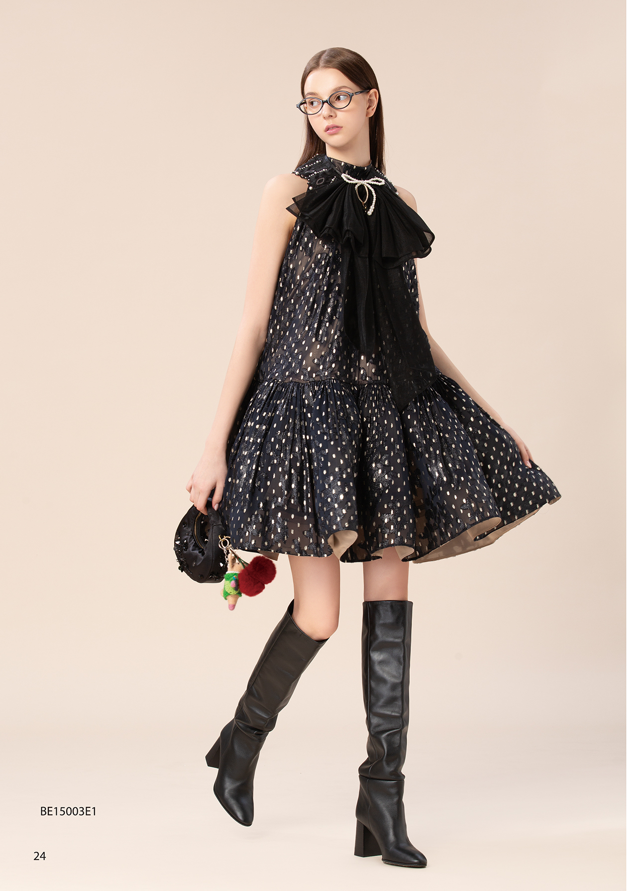 BE15003E1 月影舞會復古華麗層疊裙襬點點洋裝