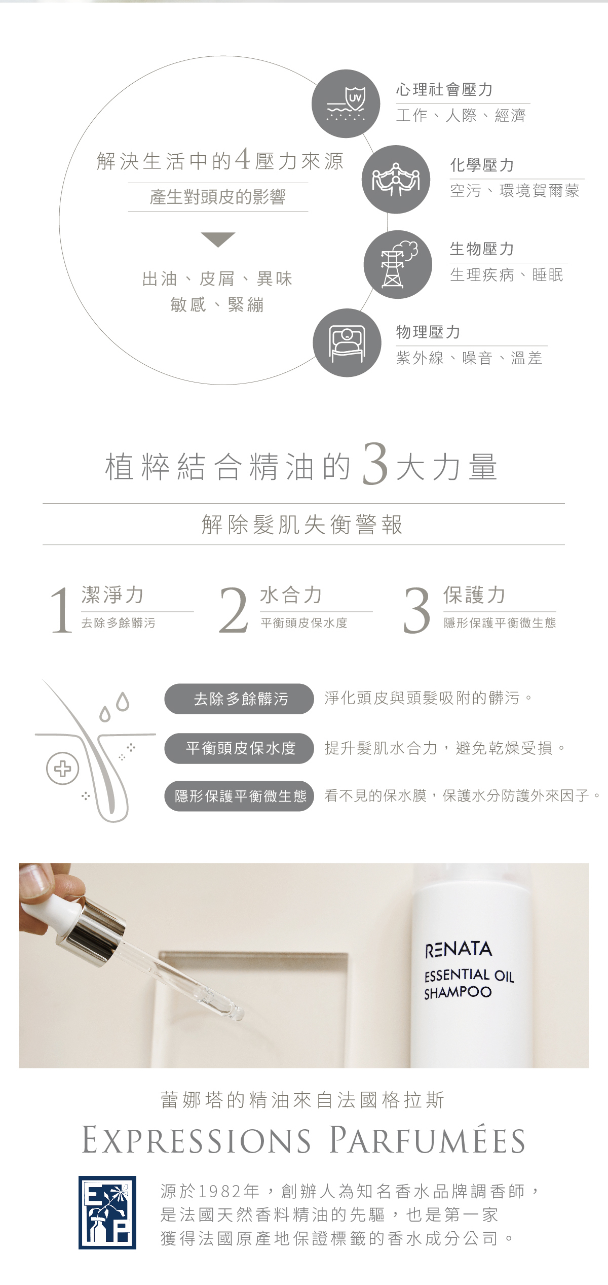 解決生活中的4壓力來源,產生對頭皮的影響,出油,皮屑,異味,敏感,緊繃,心理社會壓力,工作,人際,經濟,化學壓力,空屋,環境賀爾蒙,生物壓力,生理疾病,睡眠,物理壓力,紫外線,噪音,溫差,植粹結合精油的3大力量,解除髮肌失衡警報,潔淨力,去除多餘髒汙,水合力,平衡頭皮保水度,保護力,隱形保護平衡微生態,淨化頭皮與頭髮吸附的髒汙,提升髮肌水合力,避免乾燥受損,看不見的保水膜,保護水分防護外來因子,蕾娜塔的精油來自法國格拉斯