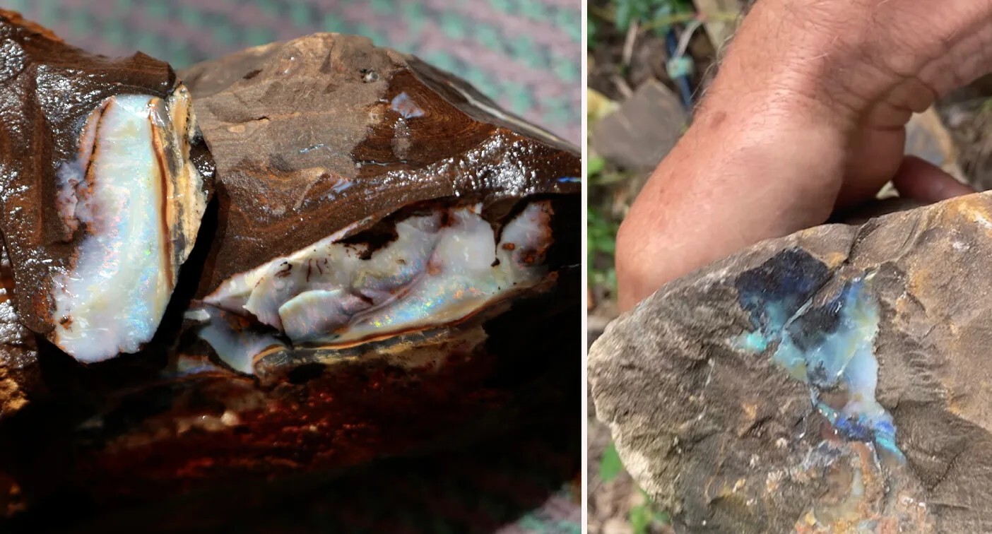 The ironstone features a unique red vein, the rarest kind of boulder opal. It also has more blue colouring throughout.