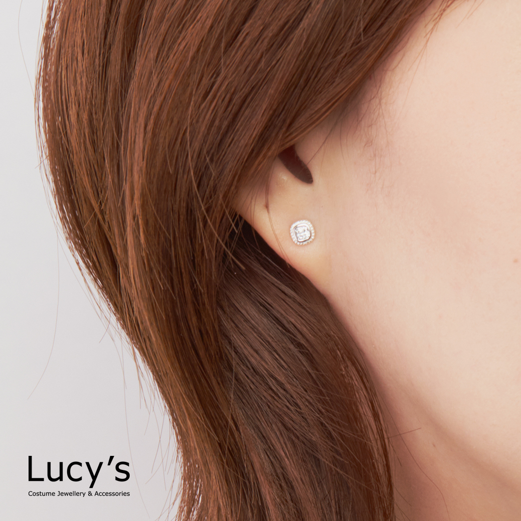 *925純銀〔輕銀系列〕花邊方鑽 耳環 (120958)