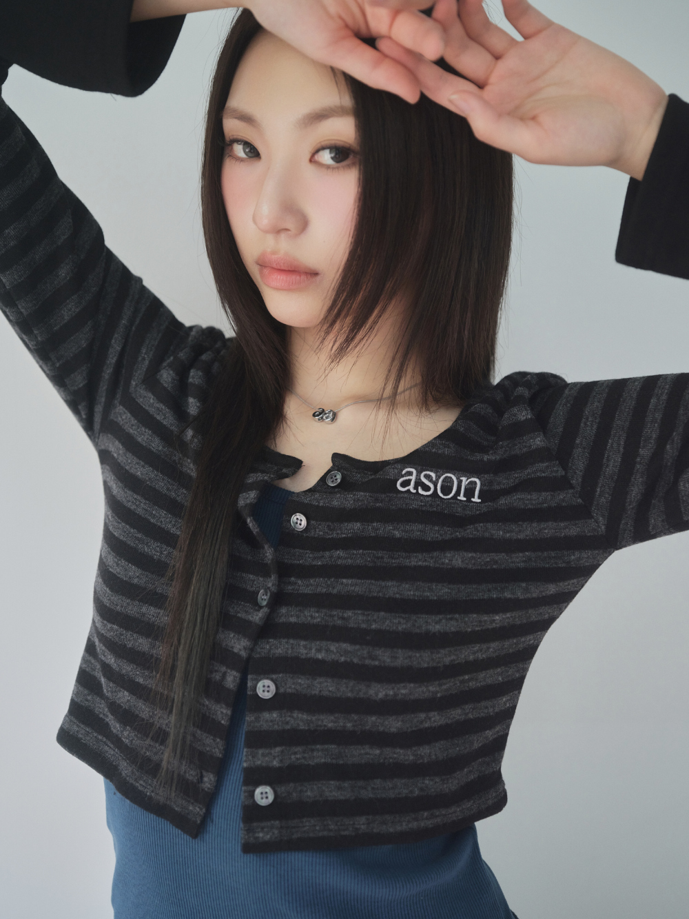 【代購】ASON 撞色袖子 條紋LOGO開襟衫上衣 (2色)