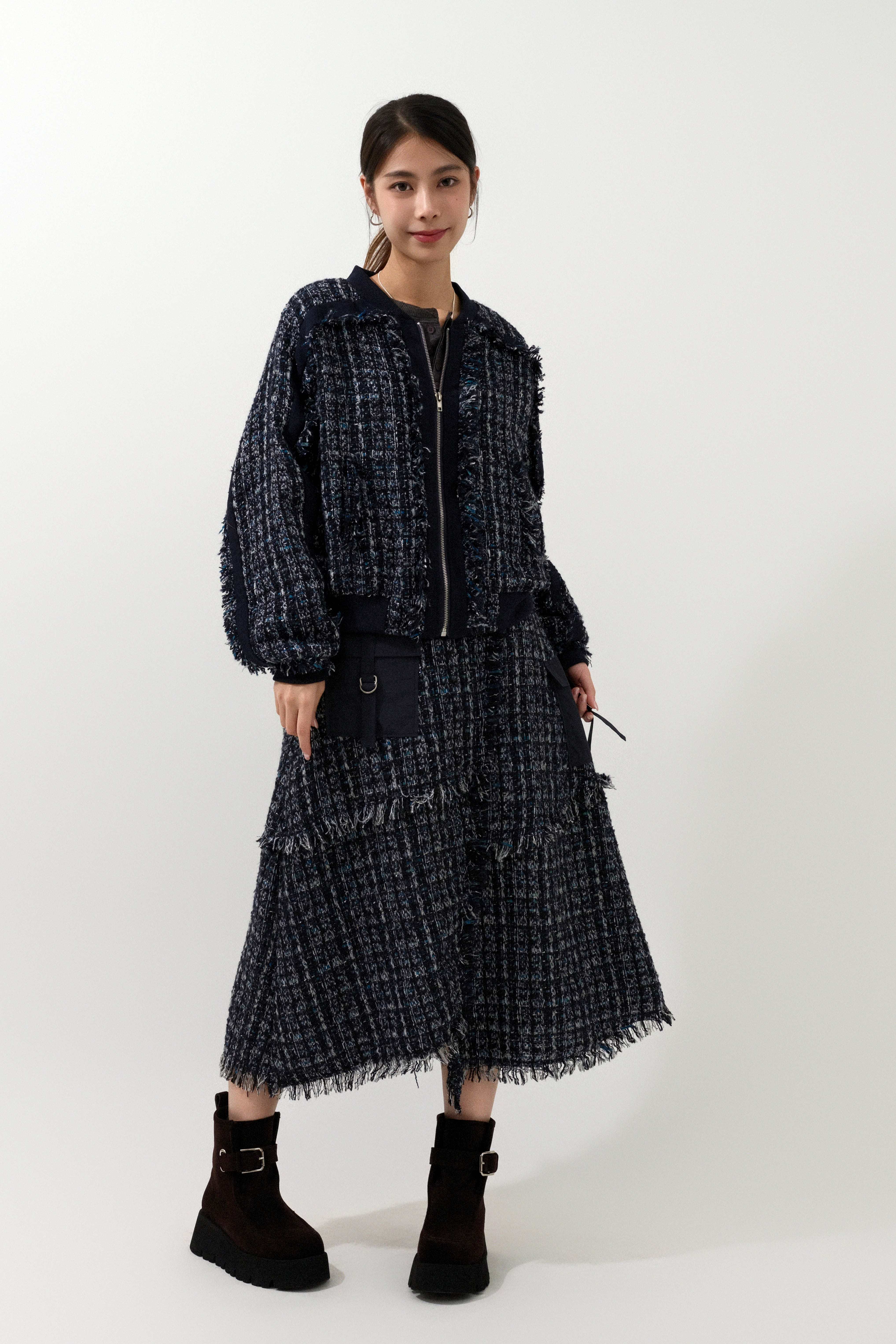 風褸軍袋披邊tweed裙（現貨款式）
