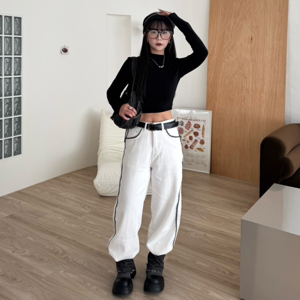 純白軌跡 撞色滾邊牛仔直筒褲