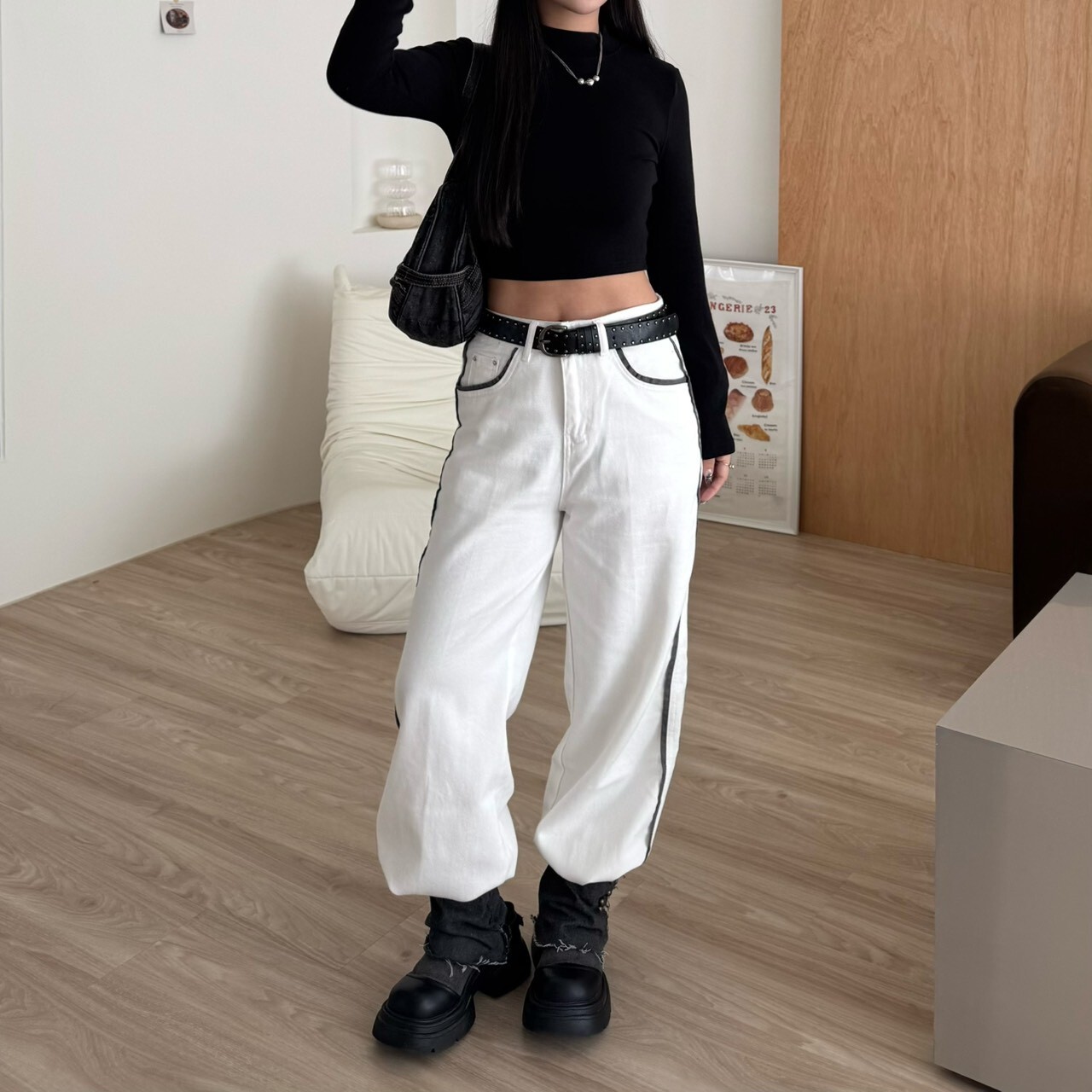 純白軌跡 撞色滾邊牛仔直筒褲