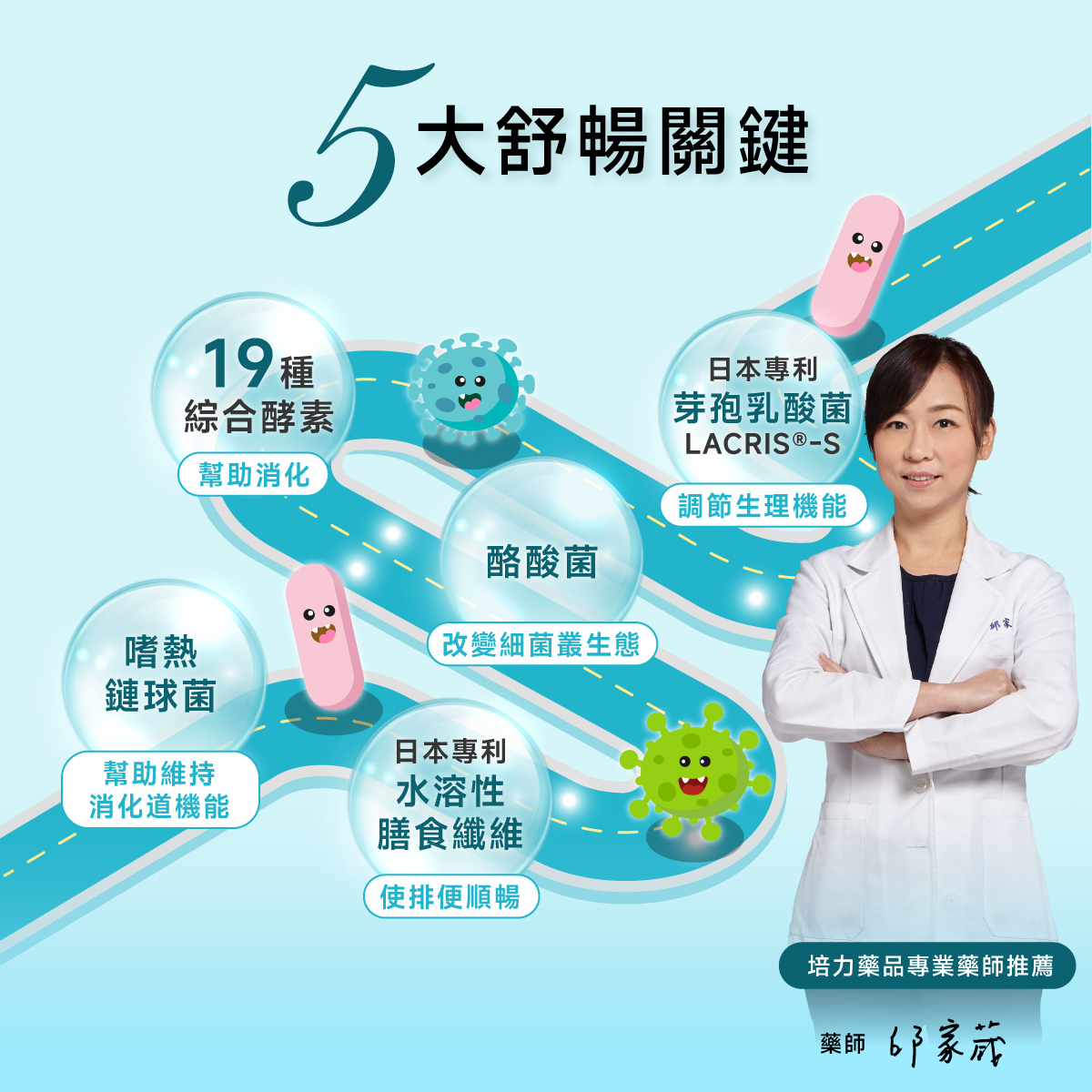 5大舒暢關鍵.19種美國綜合酵素.幫助消化.3大優勢益生菌.日本專利益生質膳食纖維.使排便順暢