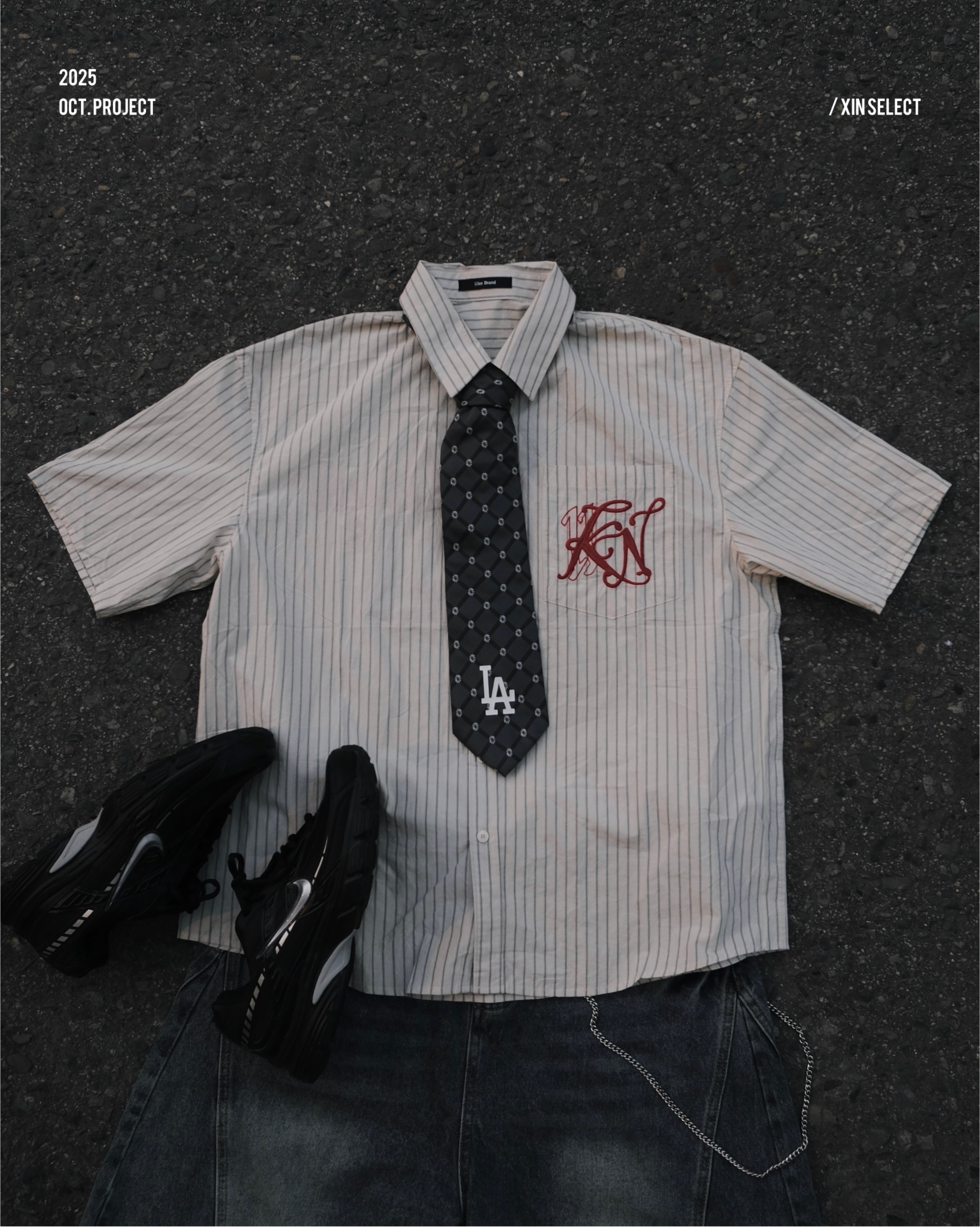 <帥哥都在穿>XIN SELECT Boxy Fit 美式 寬短 條紋 刺繡 襯衫 米白 CW1207