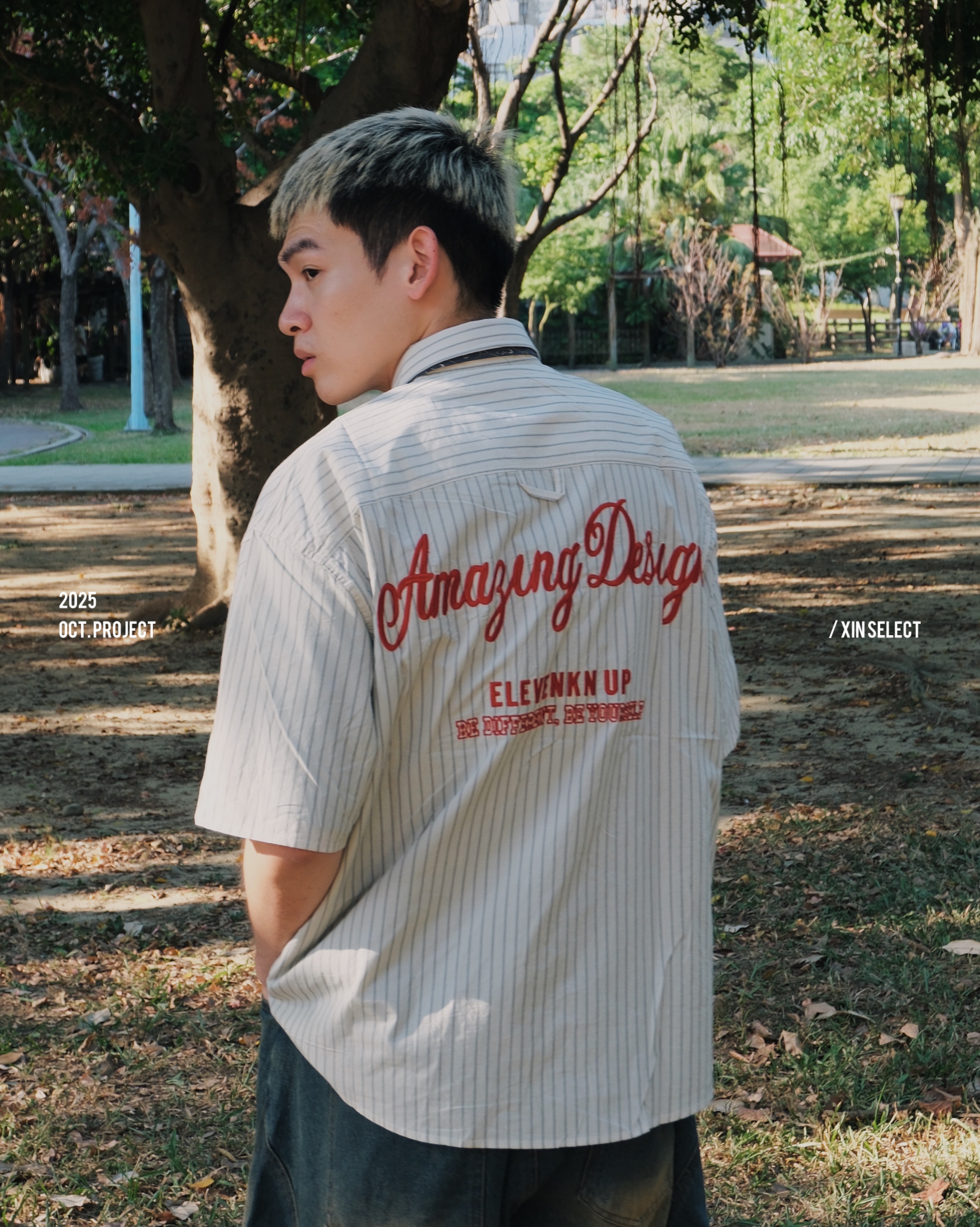 <帥哥都在穿>XIN SELECT Boxy Fit 美式 寬短 條紋 刺繡 襯衫 米白 CW1207