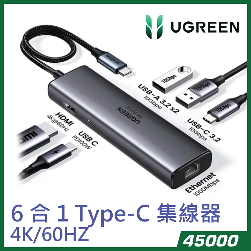 UGREEN (45000-CM512) 6 合 1 USB C 集線器 LAN, HDMI, Type-C 3.2, USB 3.2