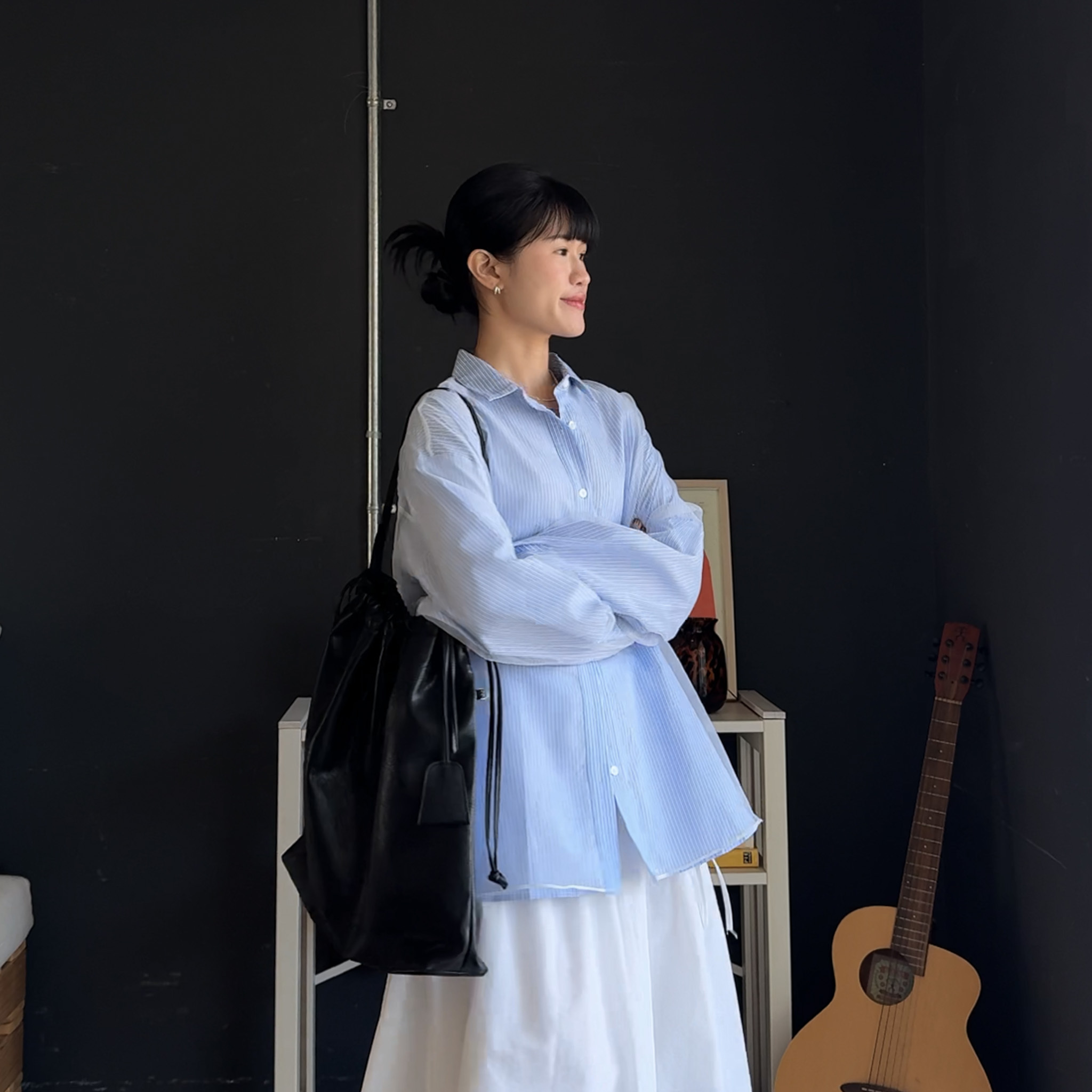 O31高級日感雙層霧透紗條紋襯(藍)