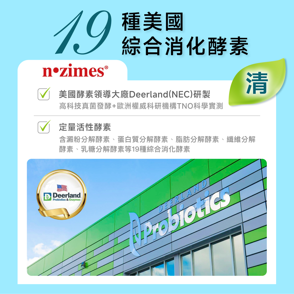 19種美國綜合酵素.幫助消化.美國酵素領導大廠Deerland(NEC). 高科技真菌發酵+ 歐洲權威科研機構TNO 科學實測.定量活性酵素