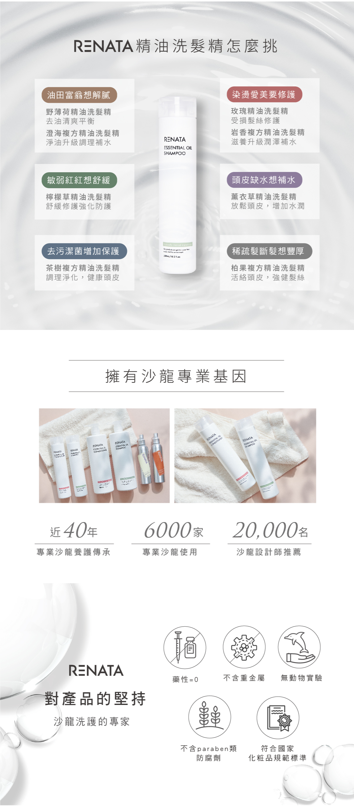RENATA精油洗髮怎麼挑,擁有沙龍專業基因,進40年專業沙龍養護傳承,6000家專業沙龍使用,20000名沙龍設計師推薦,RENATA對產品的堅持,沙龍洗護的專家,0藥性,不含重金屬,無動物實驗,不含paraben類防腐劑,符合國家化粧品規範標準