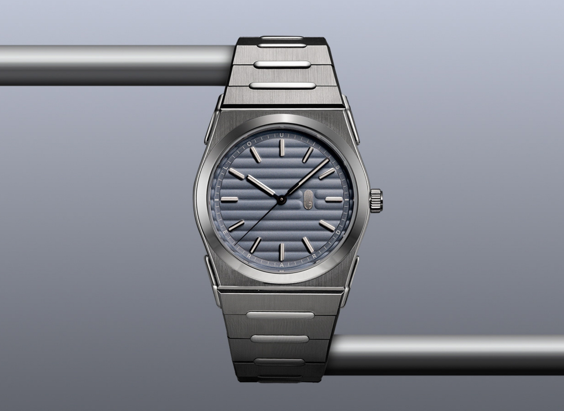 Louis Erard, 2340系列,2340 Salte,岩灰藍面盤,一體式鍊帶腕錶,漸縮式鍊帶,優雅運動風格