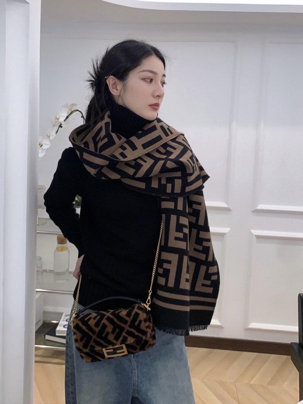 FENDI FF圖案羊毛真絲圍巾