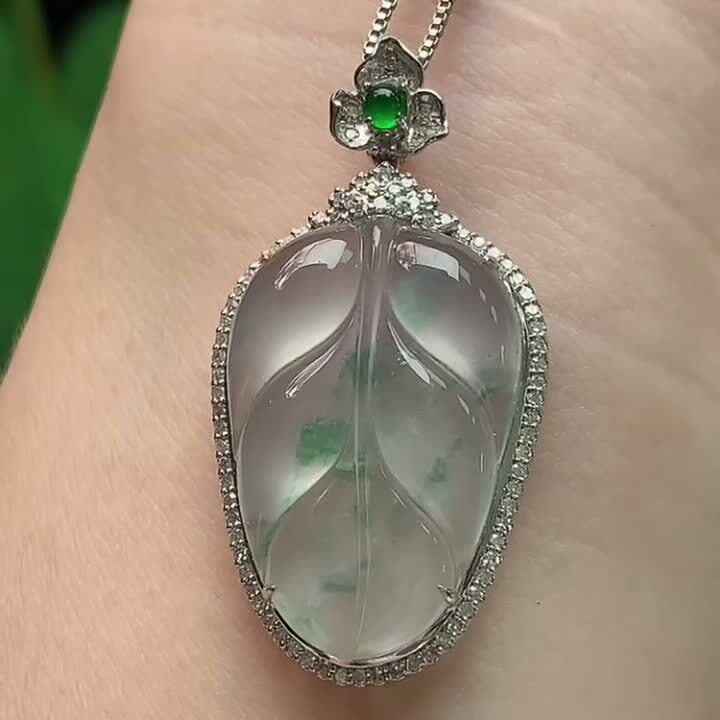 翡翠冰種飄花葉子吊墜,天然翡翠A玉, 緬甸玉, Jade, Jadeite