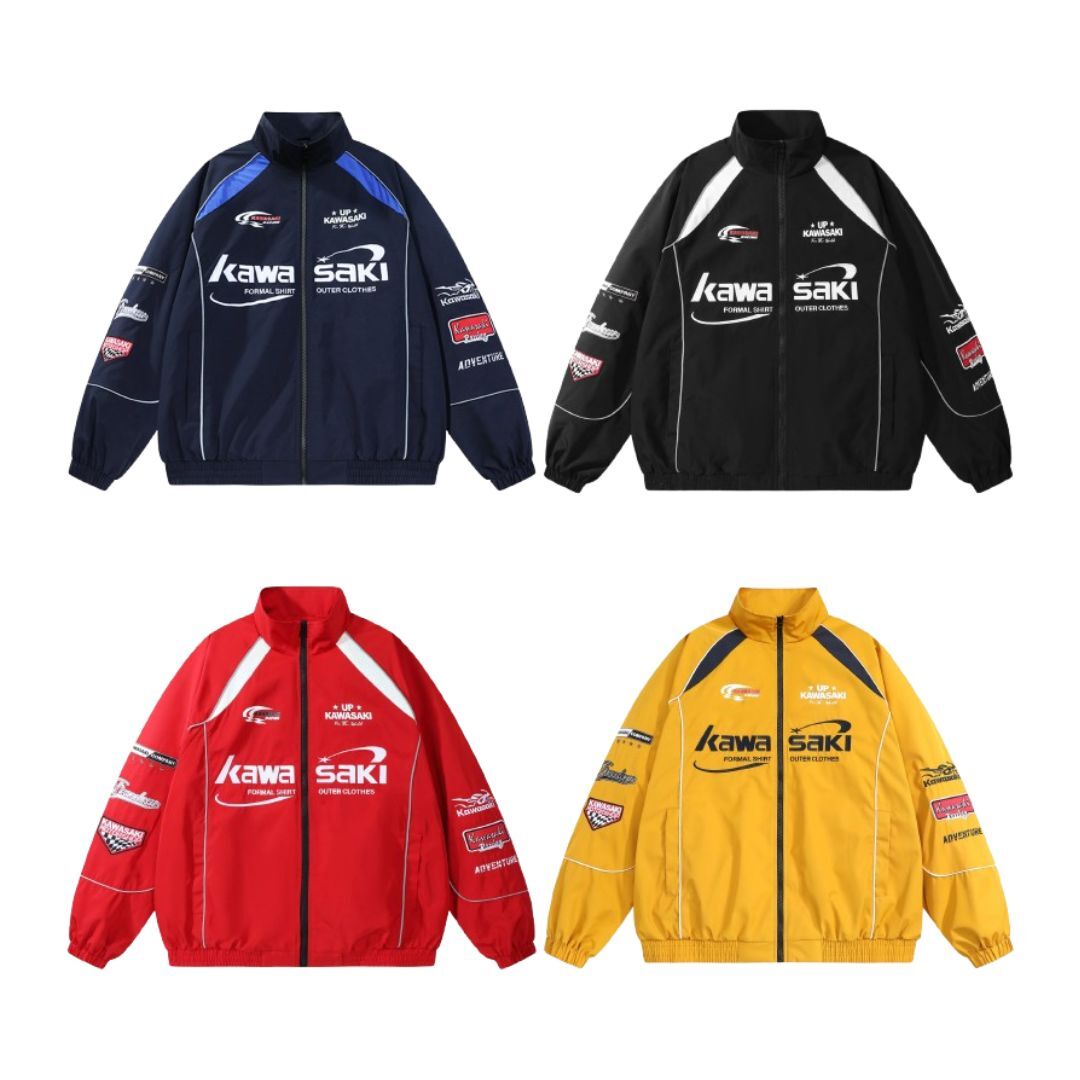 Kawasaki 川崎 美式復古 賽車風 撞色拼接 刺繡立領拉鍊夾克外套 KS-DXSS1023-YH323X