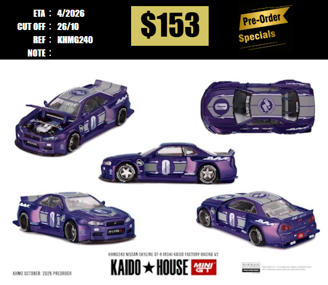 PO-$153 * MINI GT * 1:64 KHMG240 Nissan Skyline GT-R (R34) KAIDO RACING FACTORY V2 [OD15/10]
