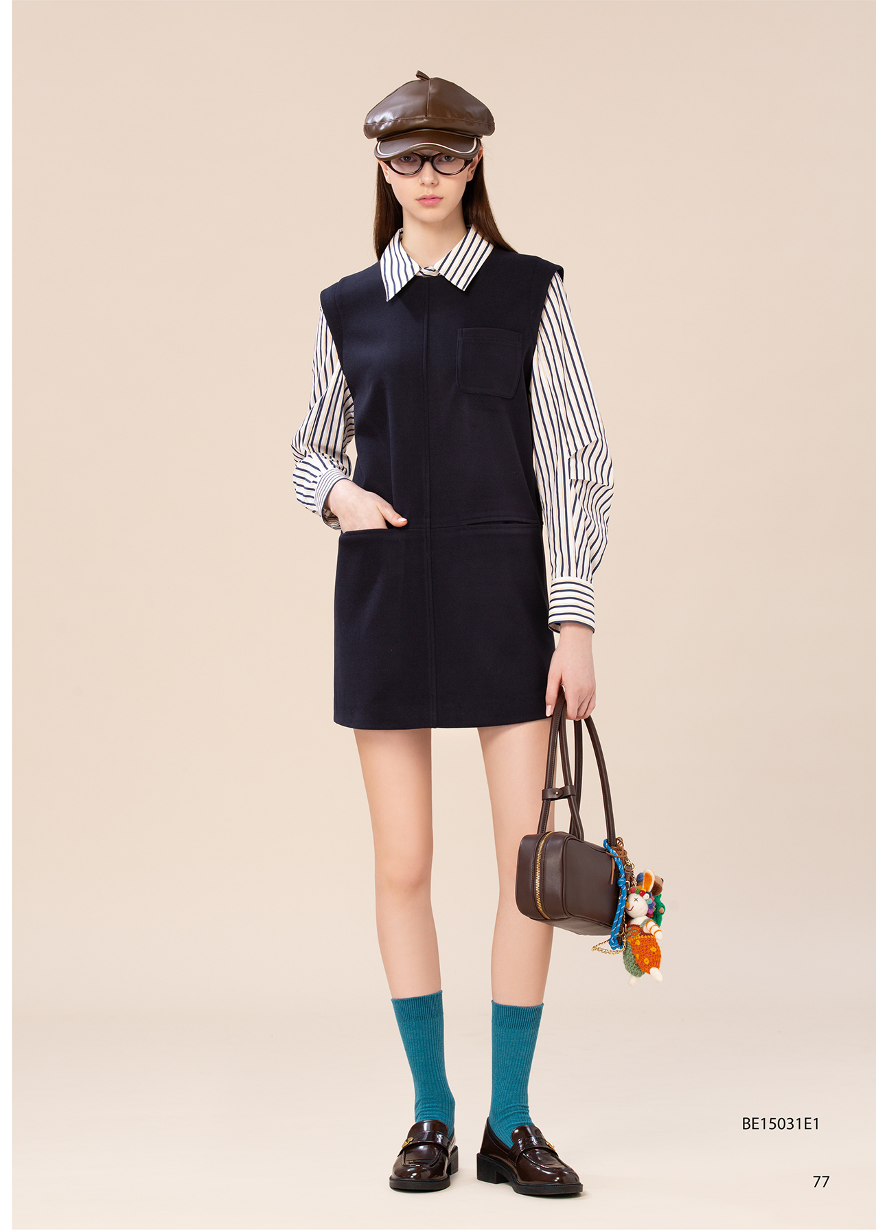 BE15031E1 學院墨藍假兩件條紋襯衫洋 (附領片)