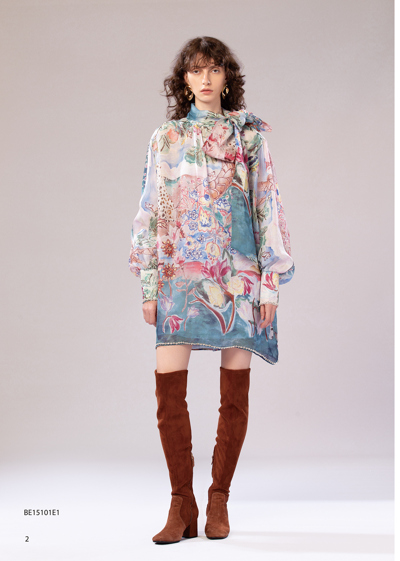 BE15101E1 晨露調色盤手繪花卉法式優雅洋裝 (附內襯)