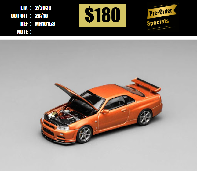PO-$180 * MOTORHELIX * 1:64 NISSAN SKYLINE GT-R R34 V-SPEC II METALLIC ORANGE [OD15/10]