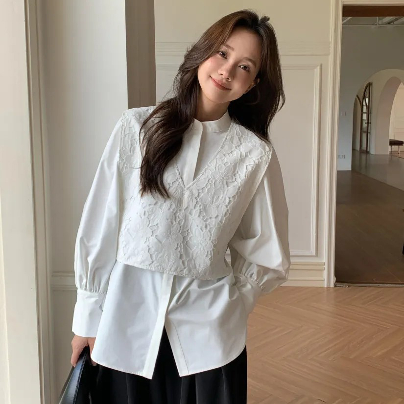 雲朵白蕾絲V領背心罩衫+白襯衫SET-F (Elegant & Love)