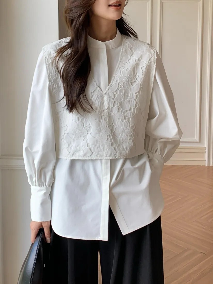 雲朵白蕾絲V領背心罩衫+白襯衫SET-F (Elegant & Love)