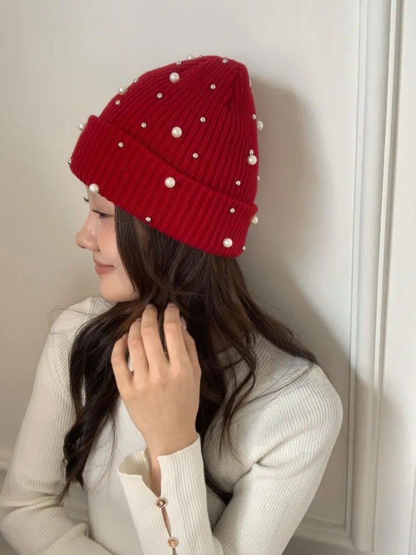 立體大小珍珠造型毛帽 / 2色 (Elegant & Love)