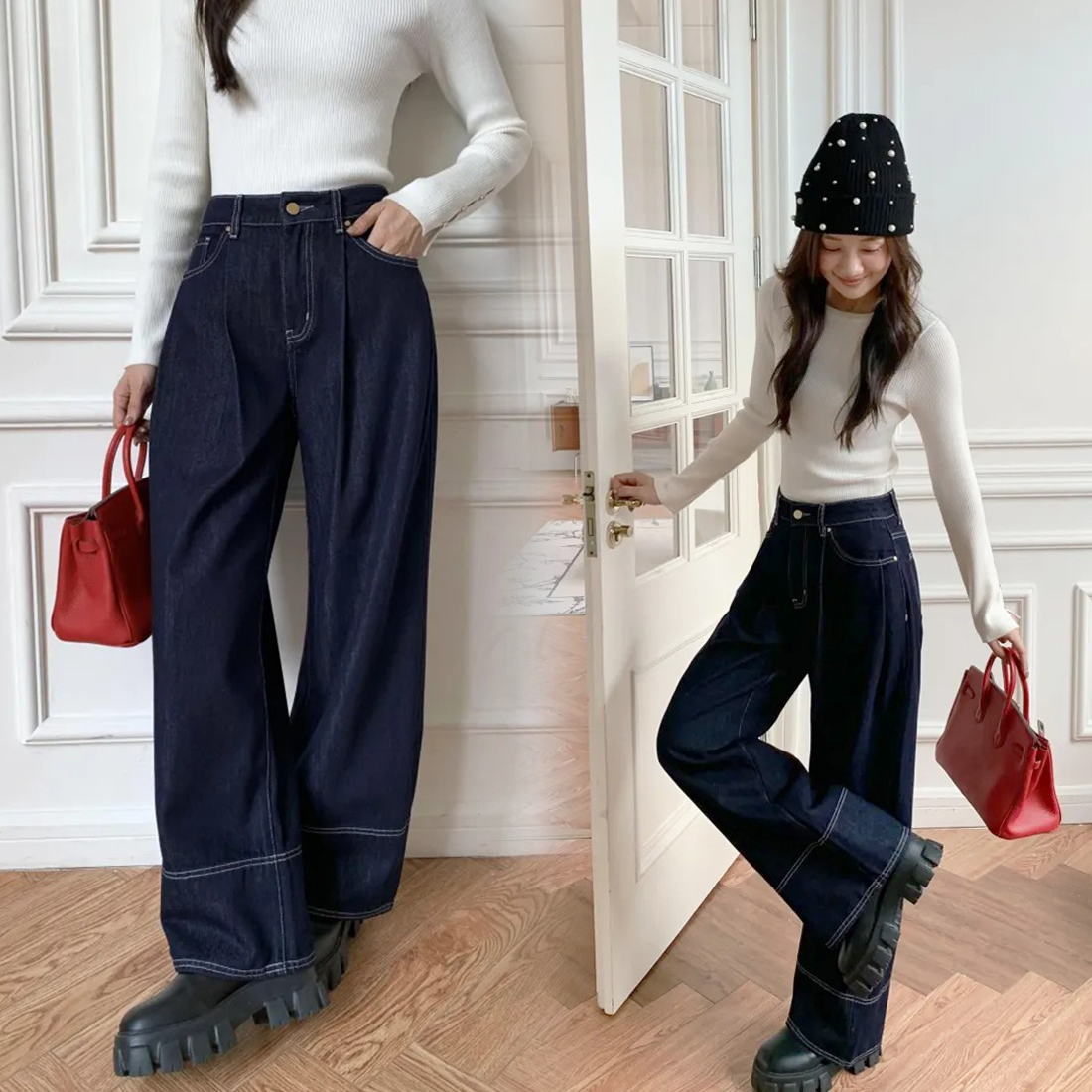 顯瘦深藍色系配色車線直筒牛仔褲-S-L (Elegant & Love)