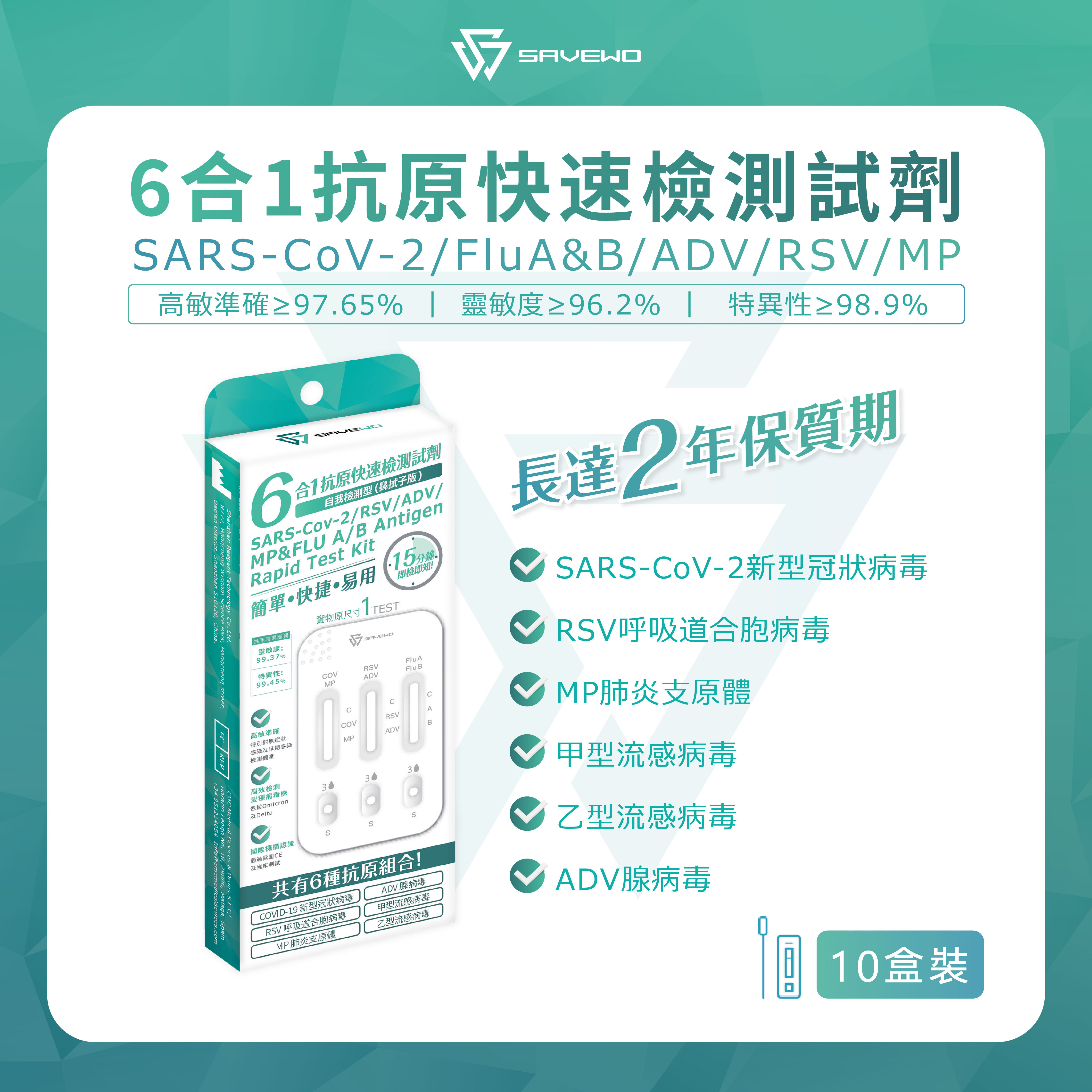 *5支裝* SAVEWO六合一抗原快速檢測試劑 (新型冠狀病毒 Covid-19 / 呼吸道合胞病毒 RSV / 甲型流感 Flu A / ⼄型流感 Flu B / 腺病毒 ADV / 肺炎支原體 MP)