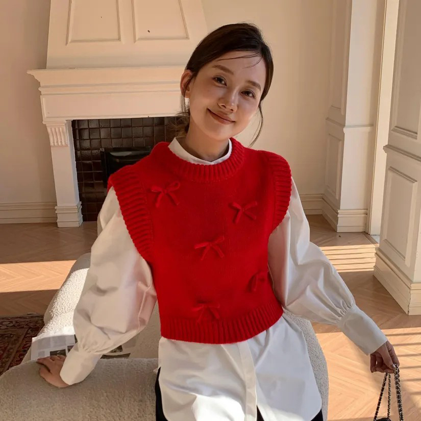 可愛立體蝴蝶結造型圓領針織背心-F / 3色 (Elegant & Love)