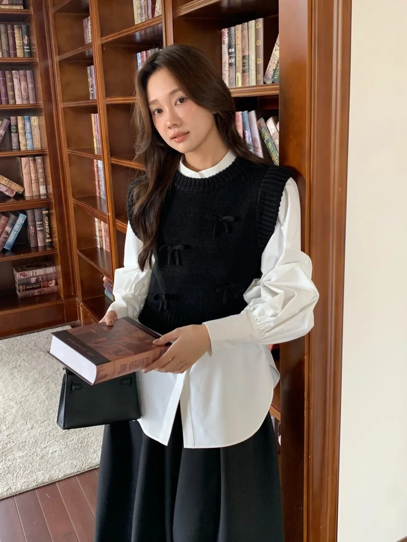 可愛立體蝴蝶結造型圓領針織背心-F / 3色 (Elegant & Love)