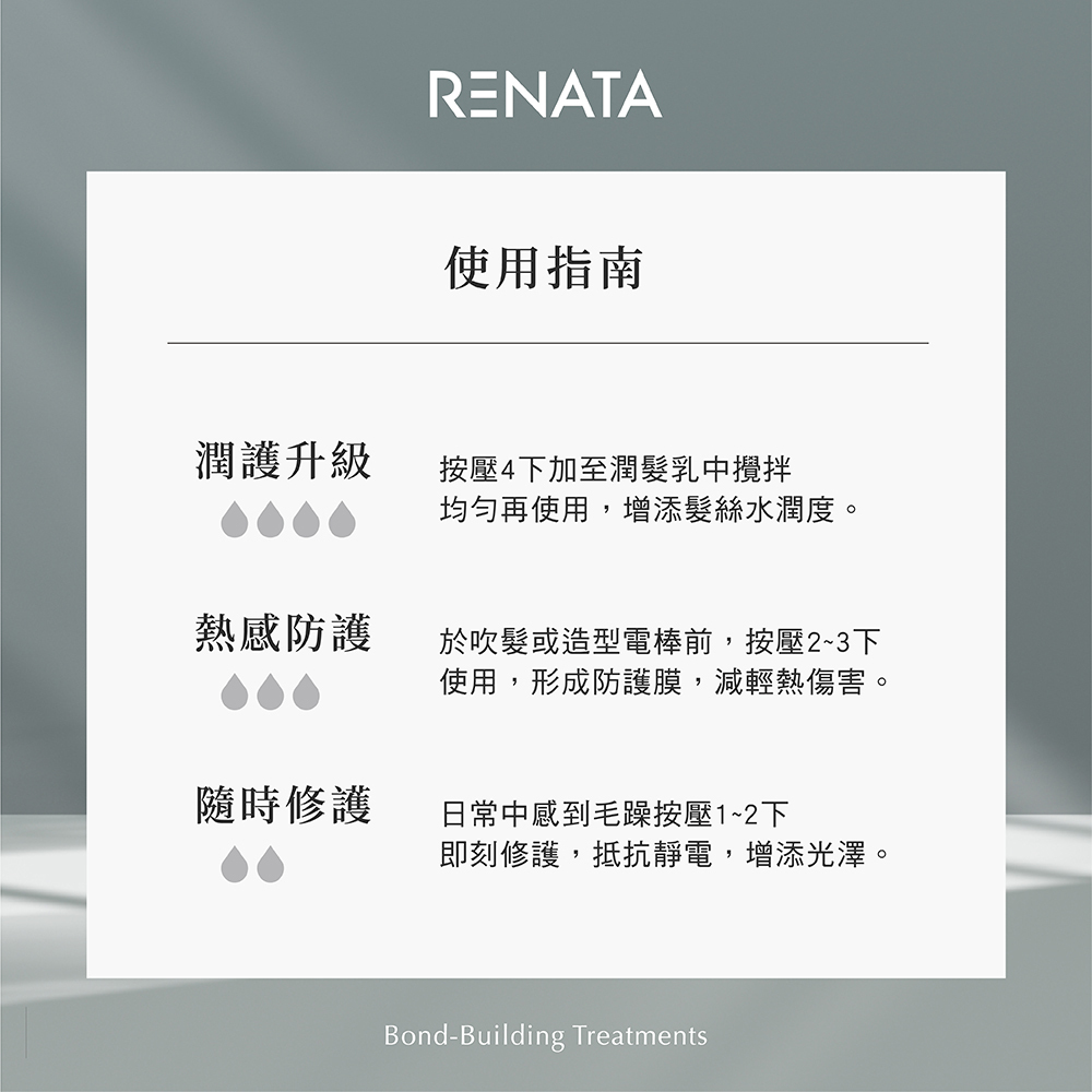 適用指南,潤護升級,按壓四下加至潤髮乳中攪拌,均勻再使用,增添髮絲水潤度,熱感防護,於吹髮或型電棒前,按壓2-3下使用,形成防護膜,減輕熱傷害,隨時修護,日常中感到毛躁按壓1-2下,即刻修護,抵抗靜電,增添光澤