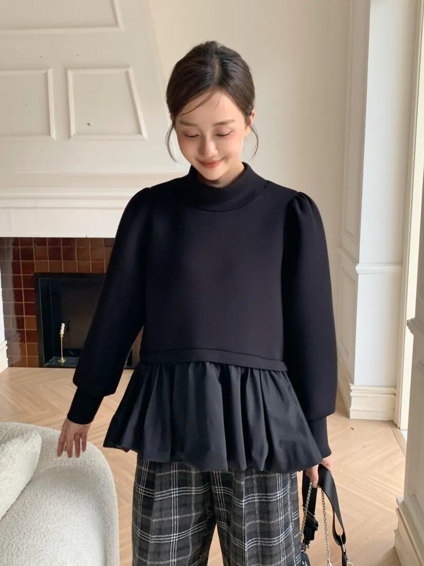 下擺拼接黑色裙擺造型立領上衣-F / 2色 (Elegant & Love)