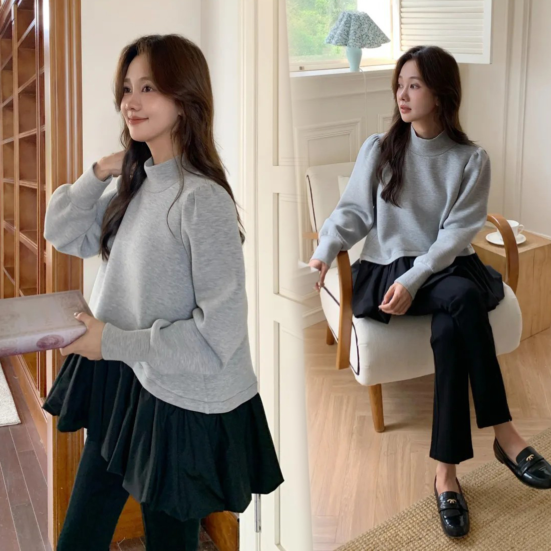 下擺拼接黑色裙擺造型立領上衣-F / 2色 (Elegant & Love)