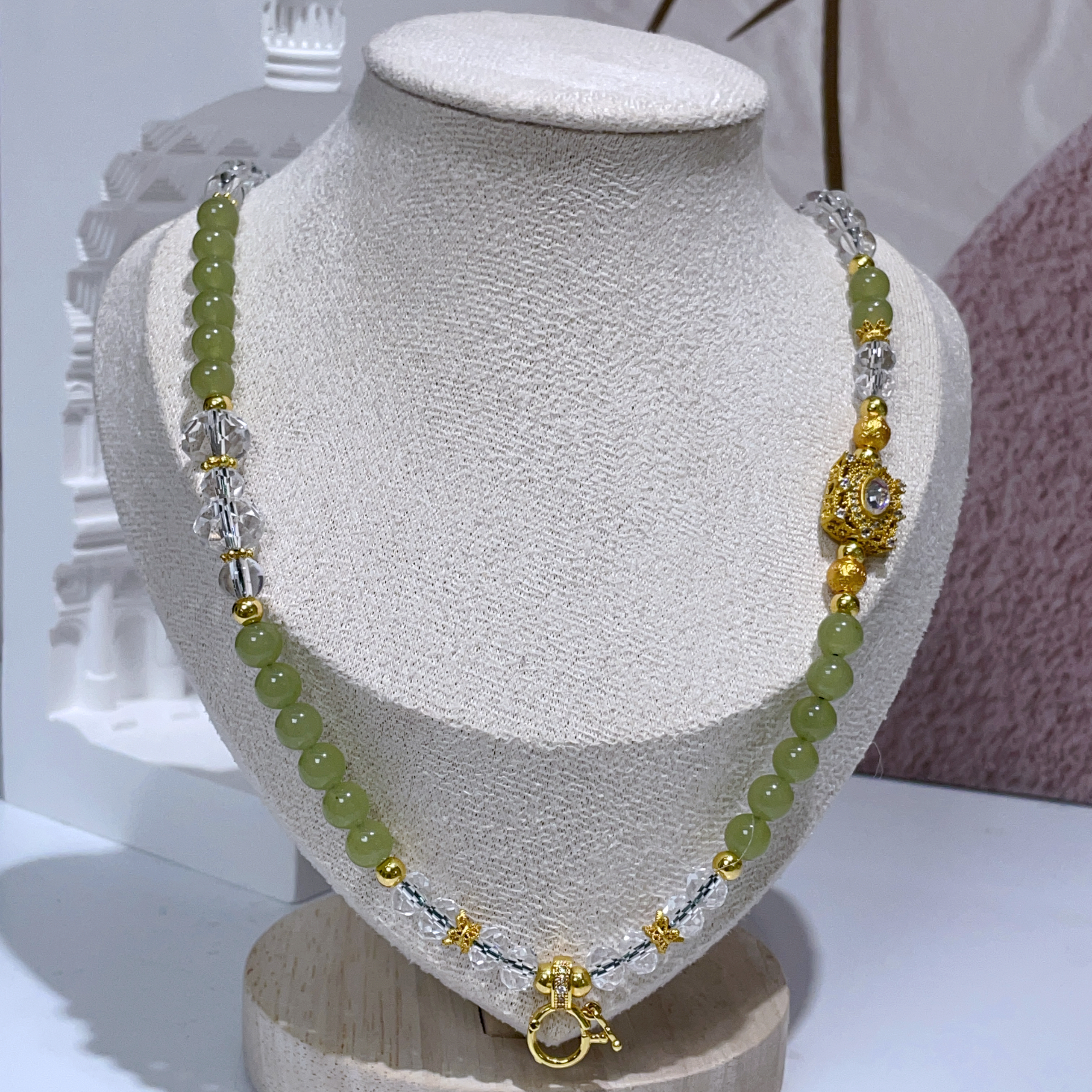 岫玉拼白水晶萬用鏈