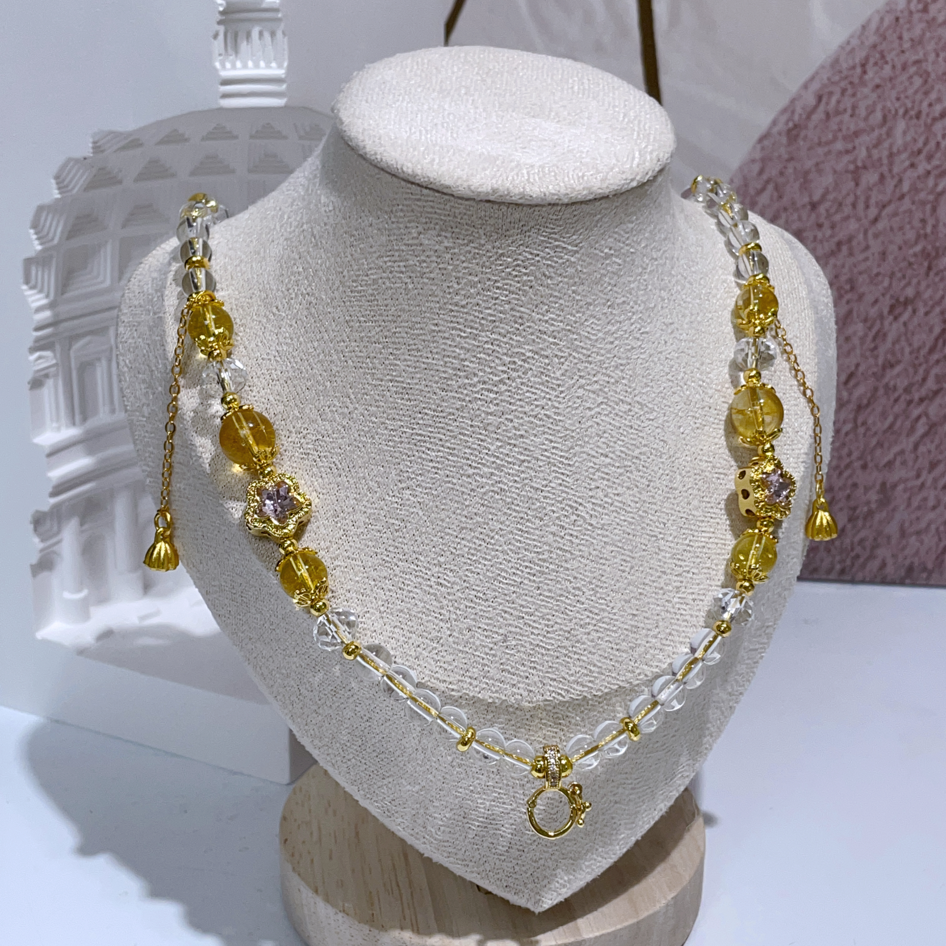 黃水晶花花配飾拼白水晶萬用鏈