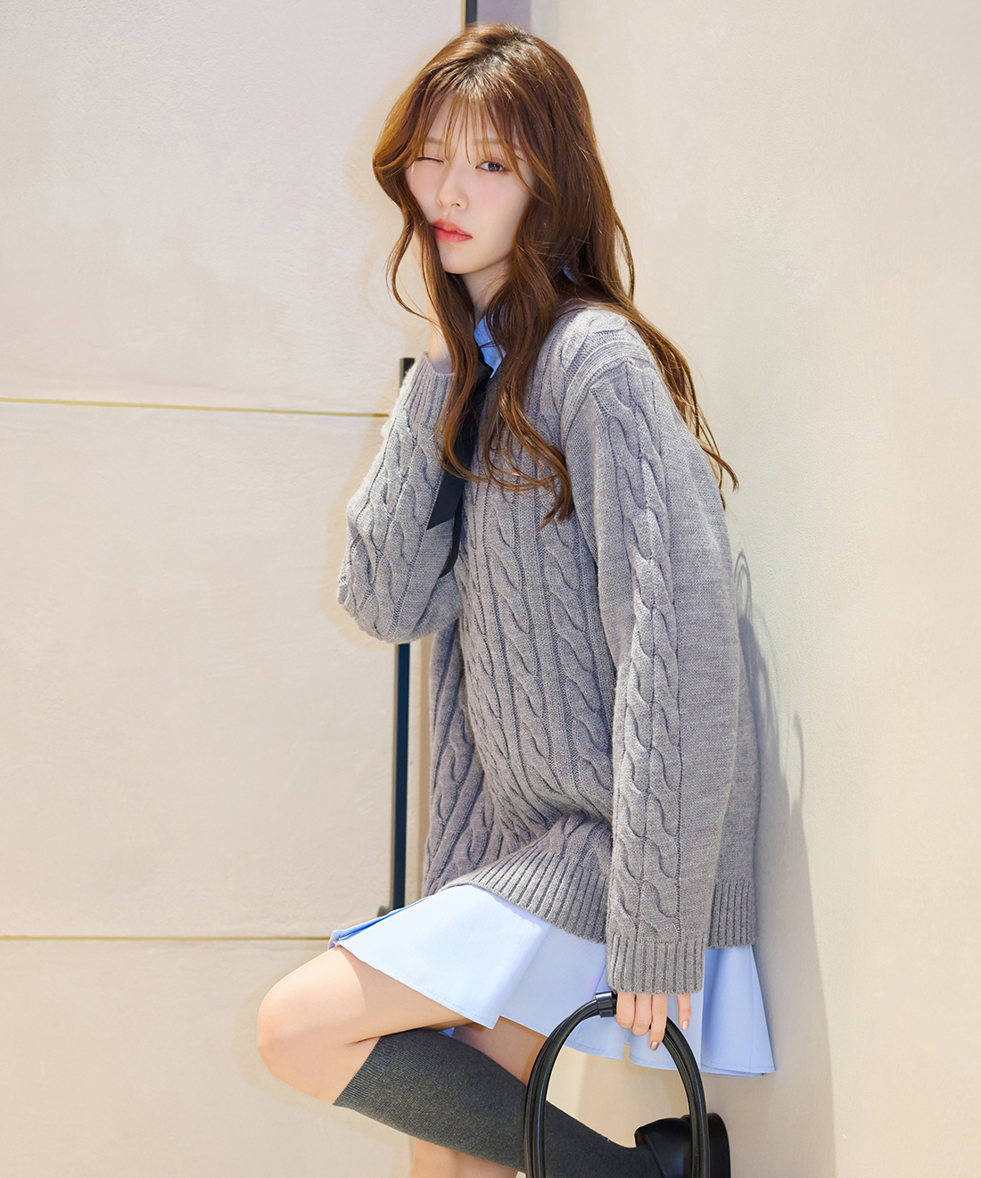 [預購] LILLIAN CARAT 休閒時尚 麻花針織衣＋襯衫短洋裝套裝