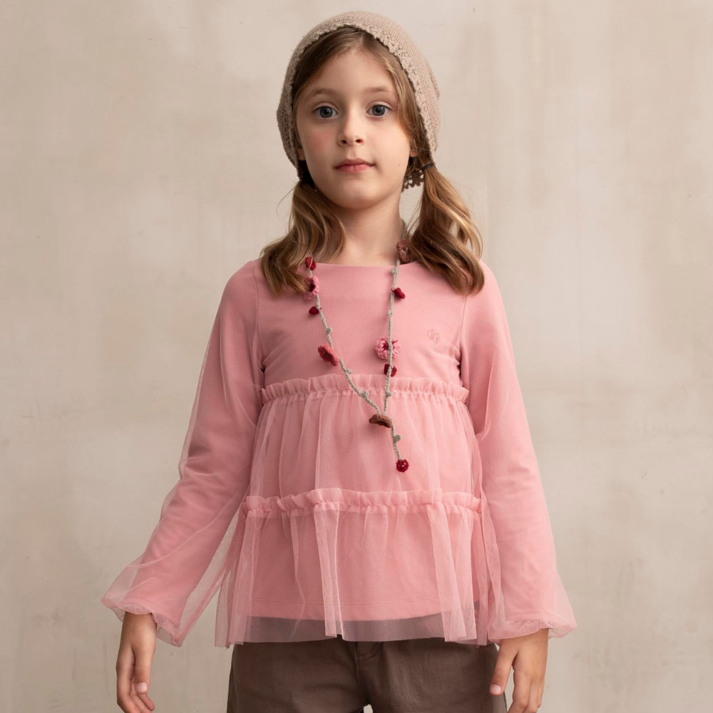 PIPPY傘狀網紗抓皺彈性棉長袖上衣 玫瑰