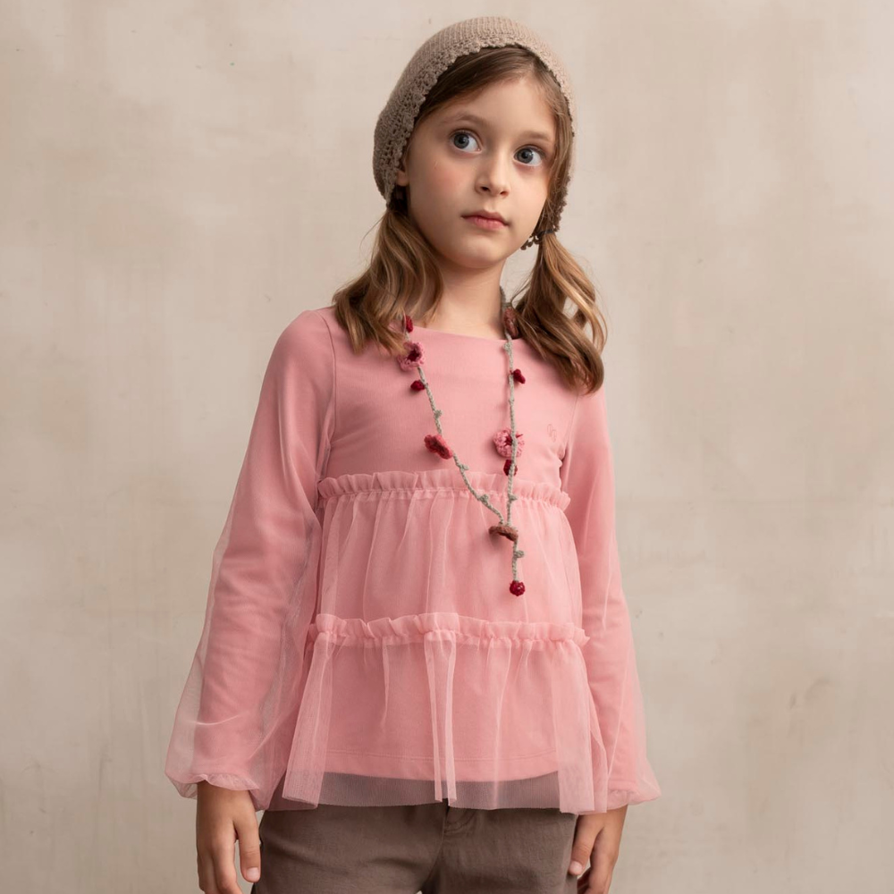 PIPPY傘狀網紗抓皺彈性棉長袖上衣 玫瑰