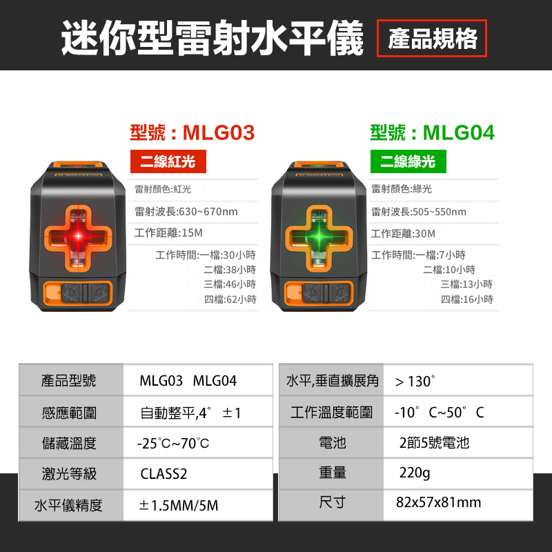 附發票｜MLG03、MLG04｜迷你型雷射水平儀 2線 紅光、綠光 激光水平儀 十字線高精度 強光紅外線