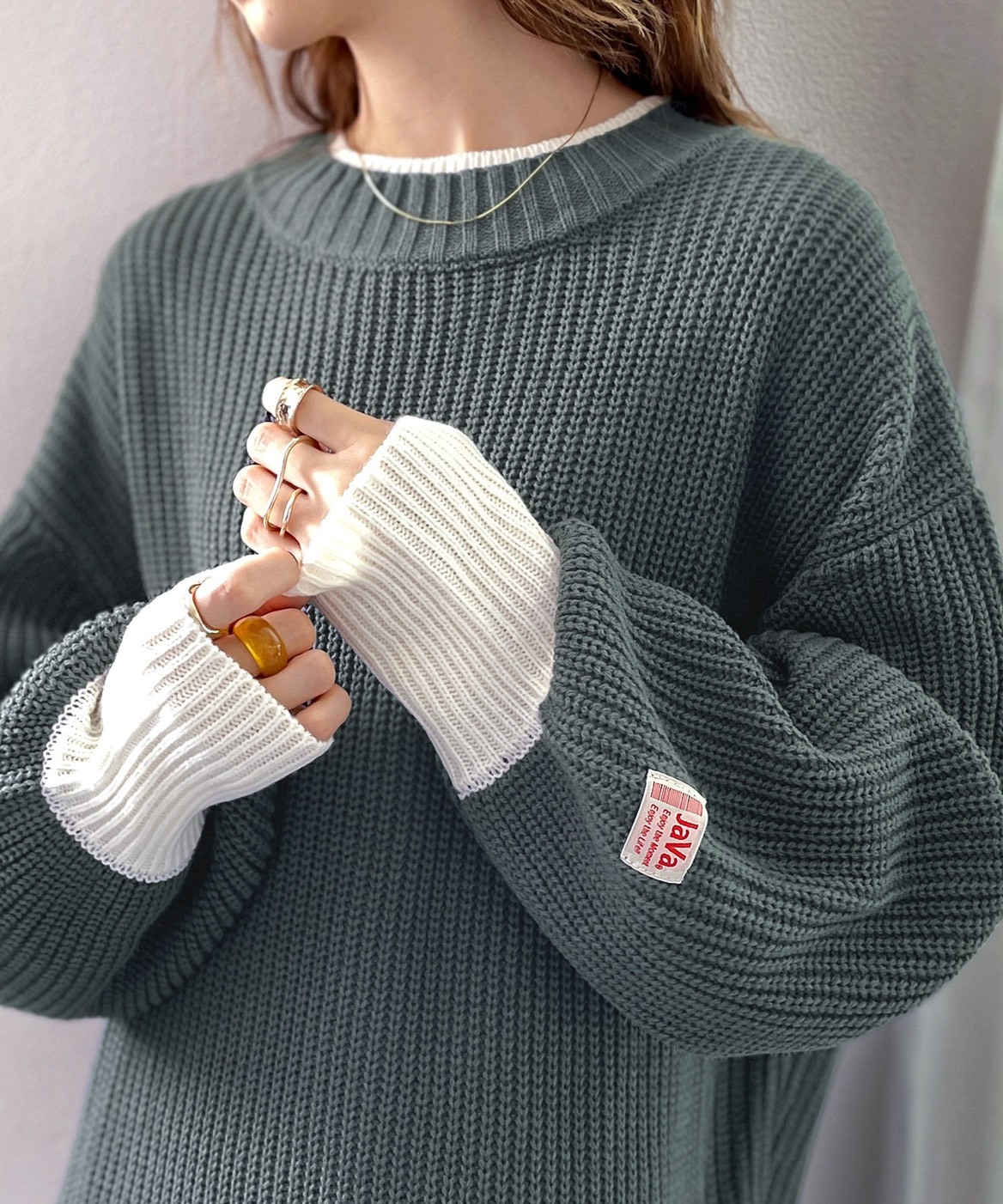 日本 JaVa 粗針織 撞色 袖子 寬鬆 長袖 毛衣 五色