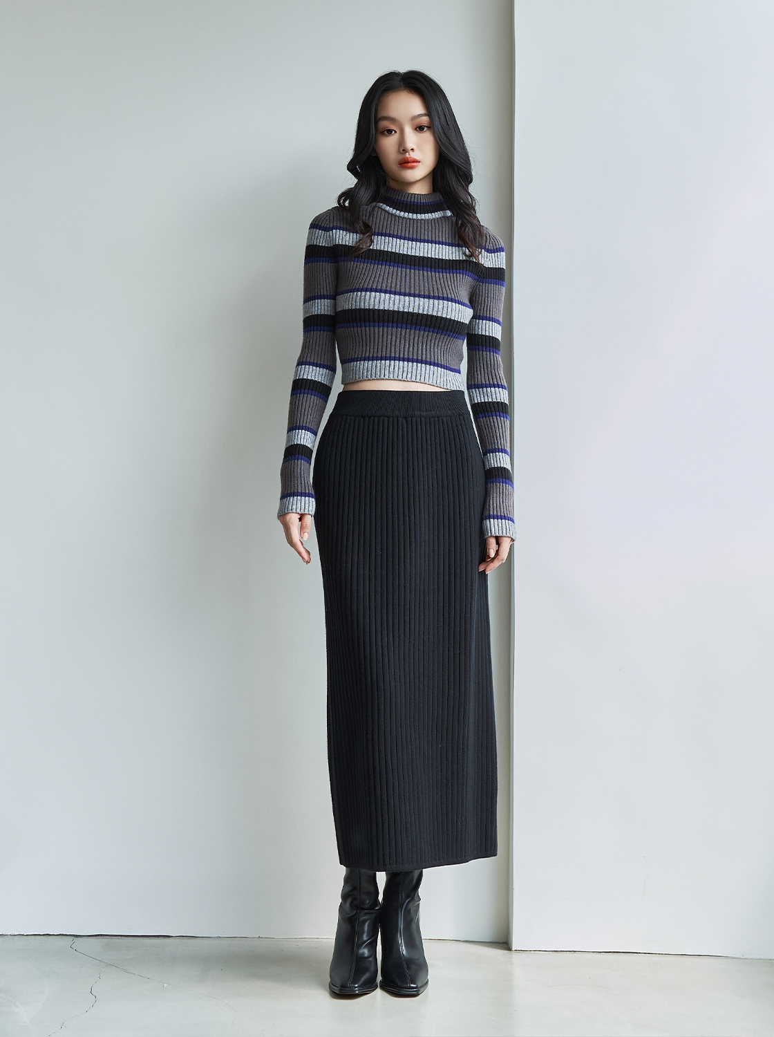 【第二件5折】條紋高領長袖毛織上衣