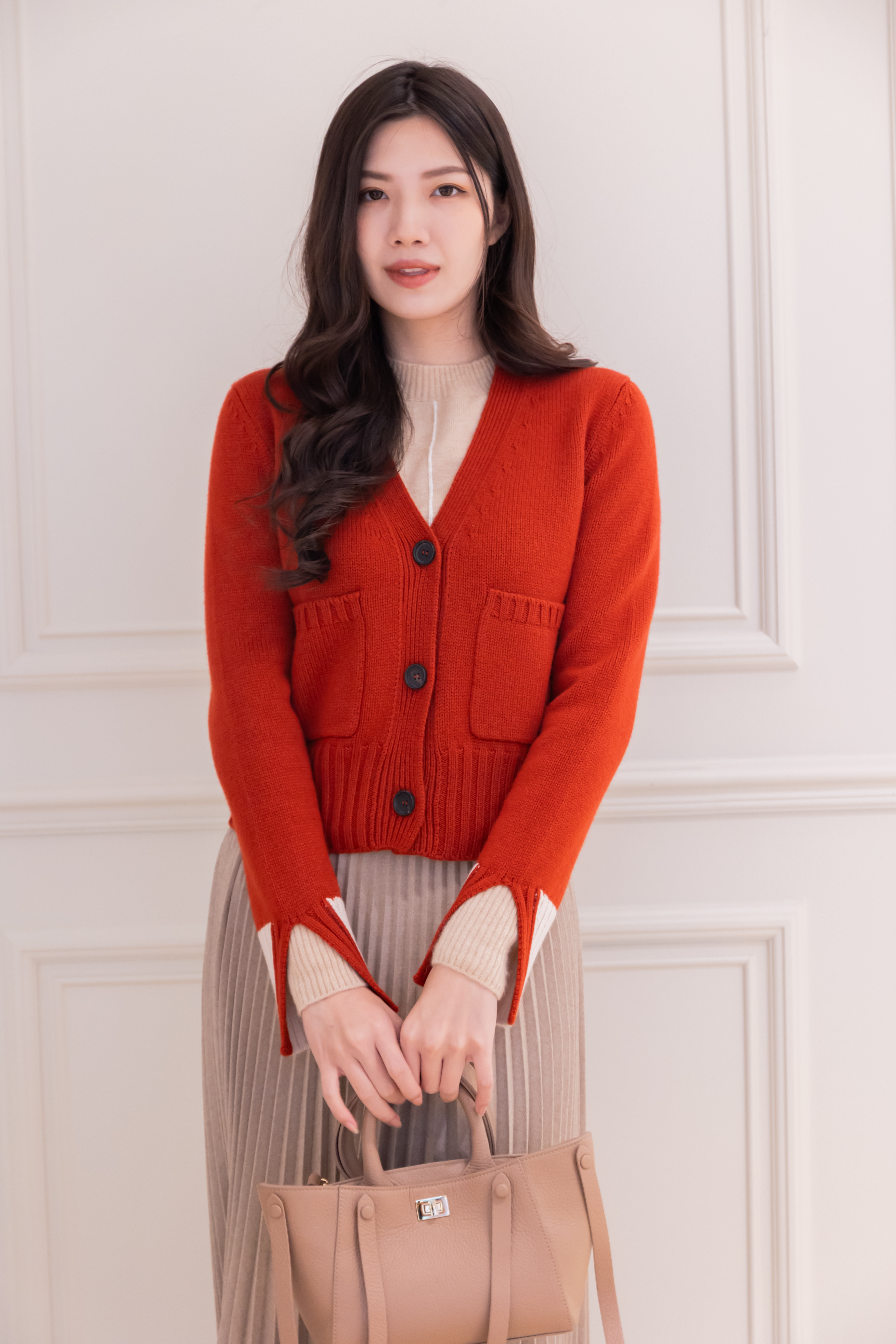 LORENA 雙口袋拚色針織外套(紅)