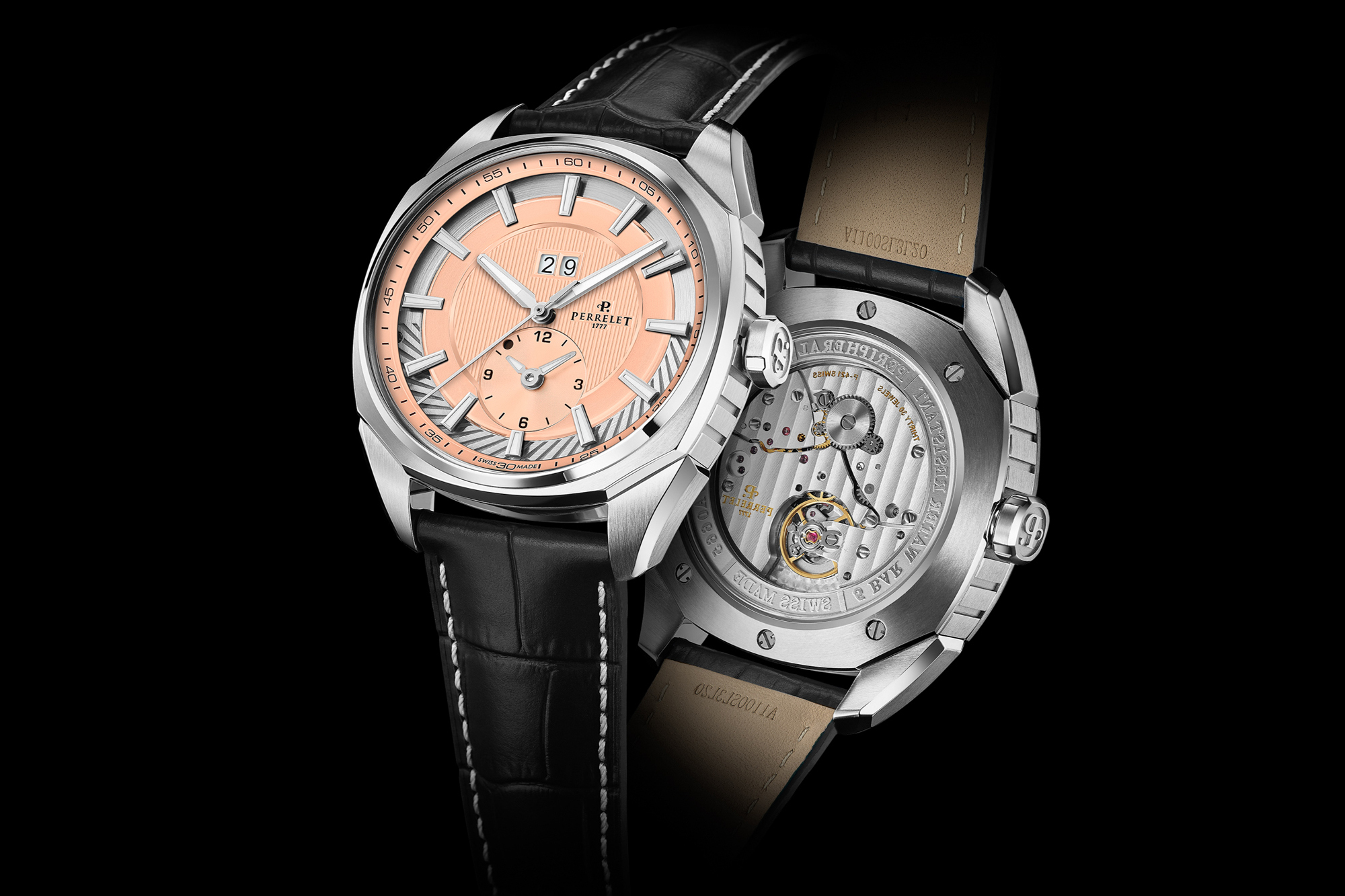 Perrelet,沛力錶,自製機芯,環形自動盤,雙時區,鮭魚色,枕形錶殼,不鏽鋼錶帶,P-421機芯,黑色鱷魚壓紋小牛皮錶帶,P-411機芯