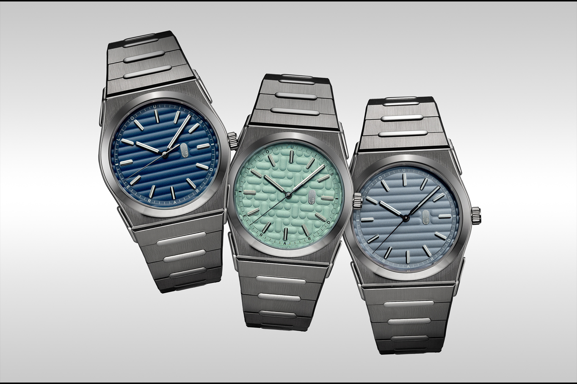 Louis Erard, 2340系列,2340 Mint,薄荷綠面盤,一體式鍊帶腕錶,漸縮式鍊帶,優雅運動風格,膠囊造型壓紋面盤,2340 Blue,深藍面盤,2340 Salte,岩灰藍面盤