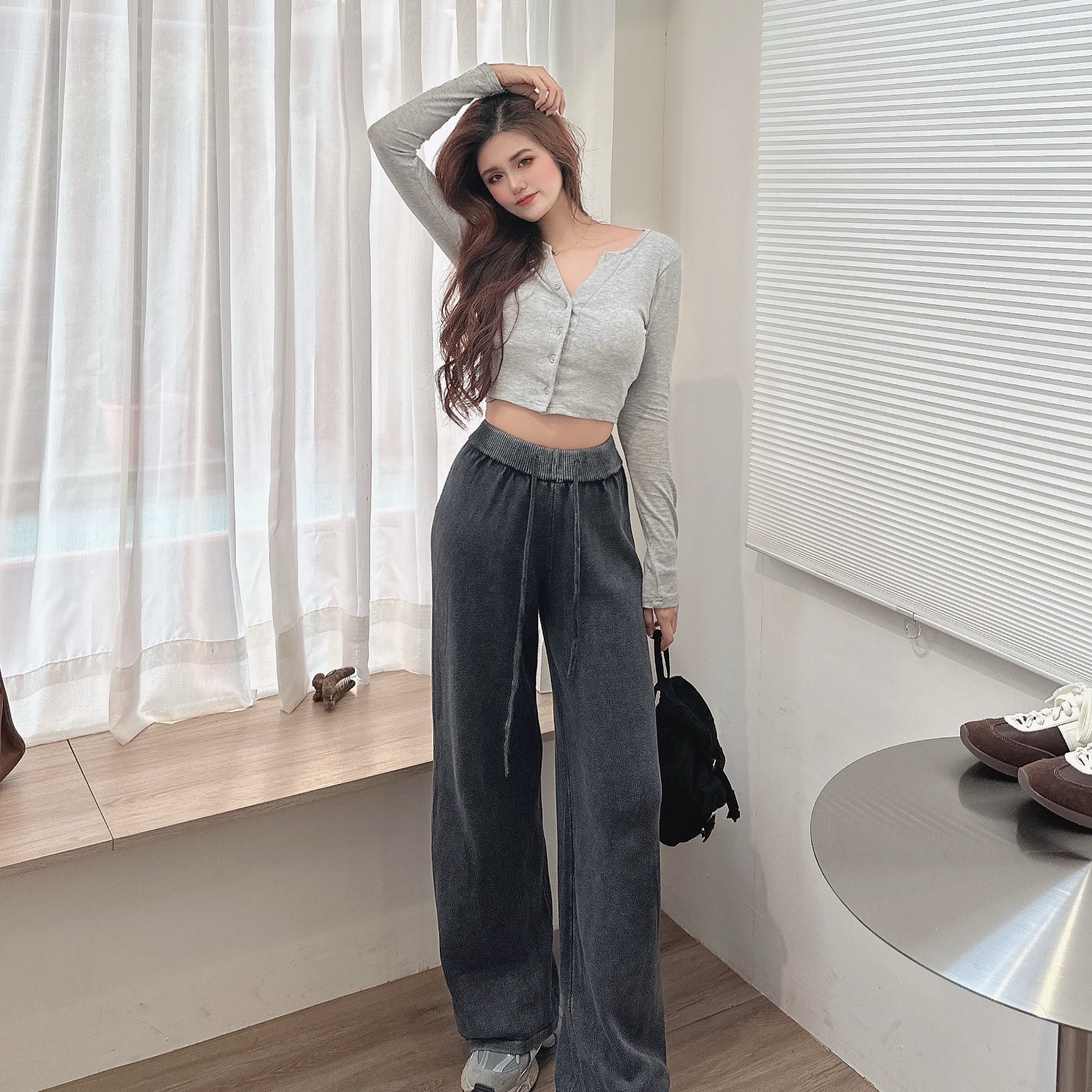 復古水洗針織落地寬褲/二色