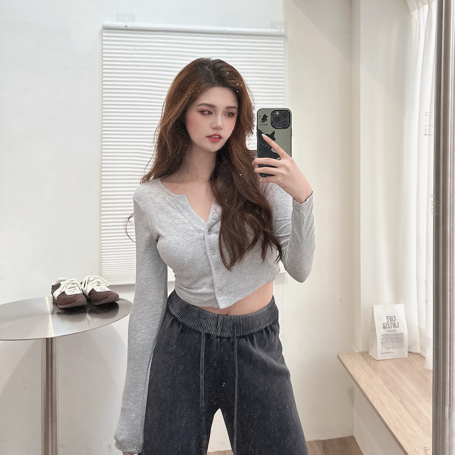 不對稱排扣胸墊上衣/三色