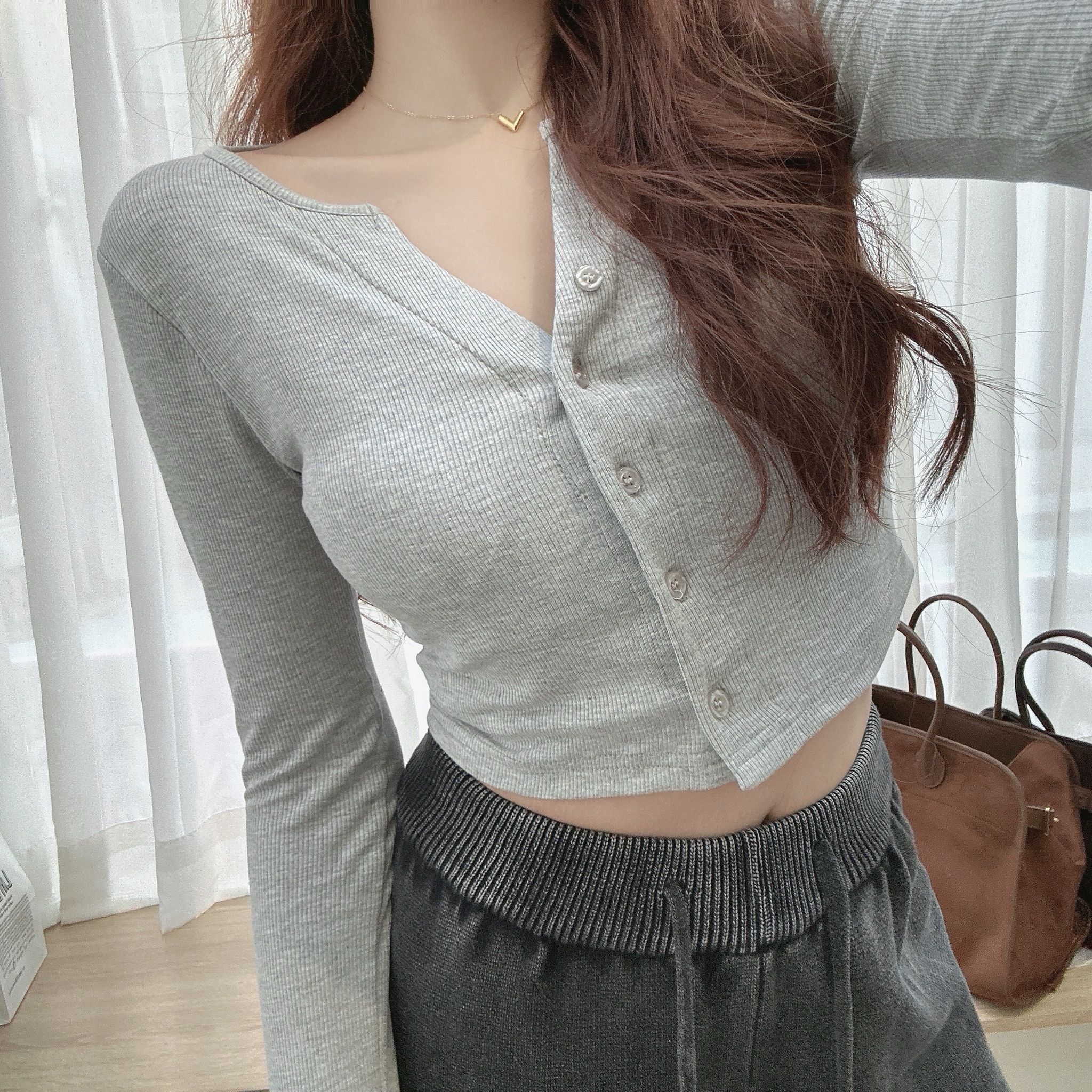 不對稱排扣胸墊上衣/三色