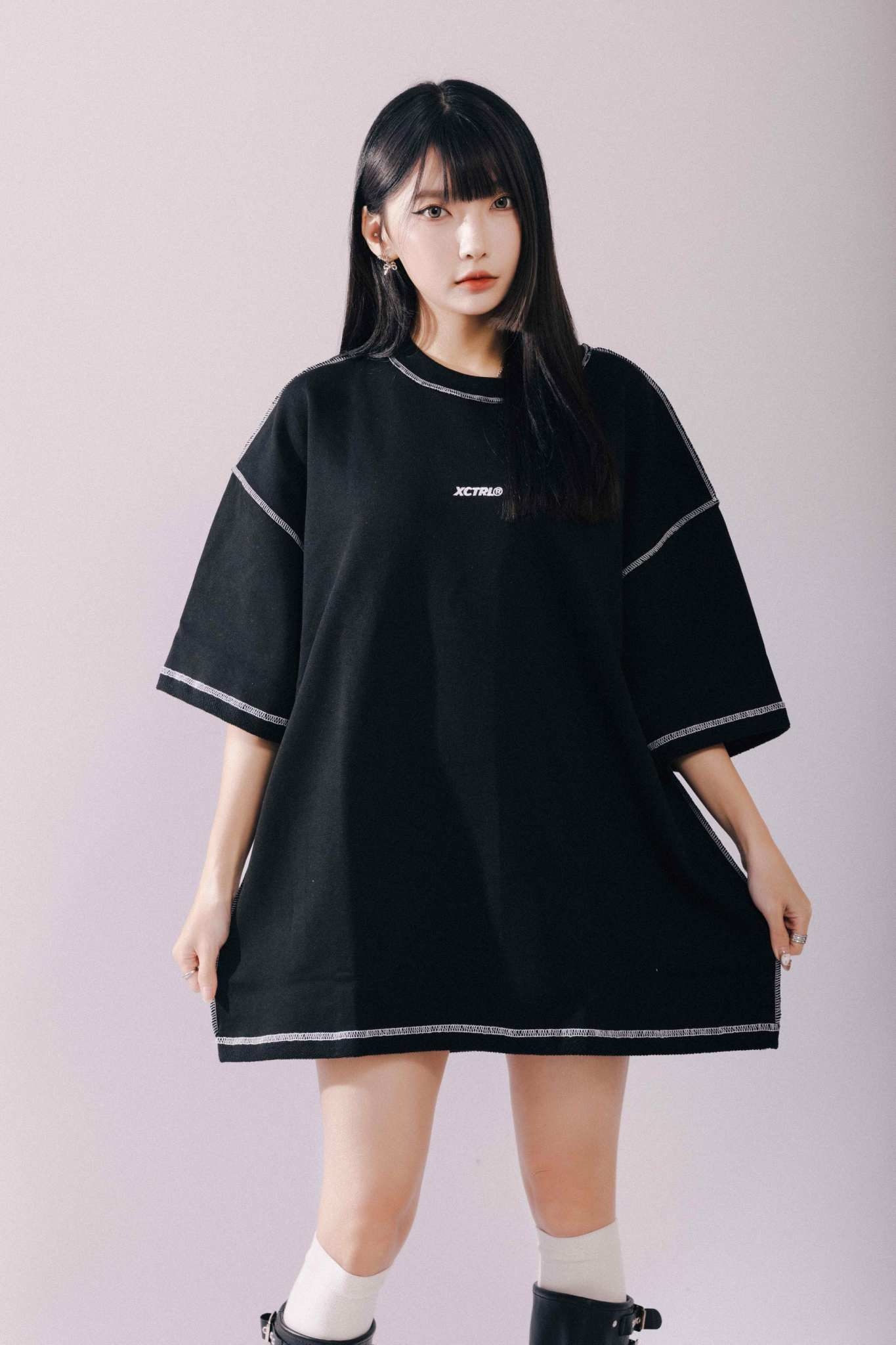 XCTRL 翻摺袖寬版短T-黑