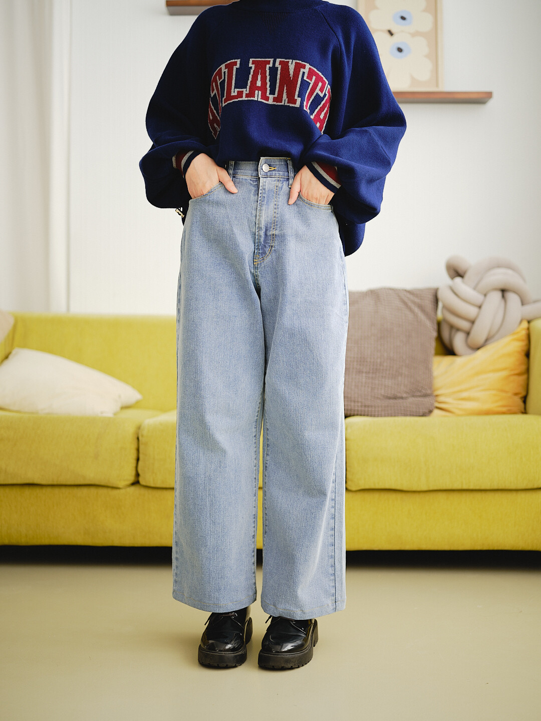 記憶備份！彈力牛仔寬褲(三色-藍)